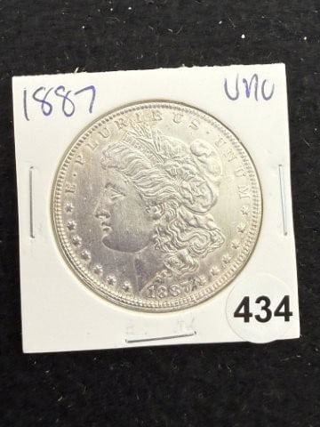 1887 UNC Morgan Silver Dollar Coin: KEY WORDS: INDIAN ARTIFACT ARTIFACTS ARROWHEAD ARROWHEADS NATIVE AMERICAN MISSISSIPPIAN QUAPAW CADDO POTTERY COINS MORGAN DOLLAR PEACE DOLLAR SILVER COINS. All coins have been Sigma tested for