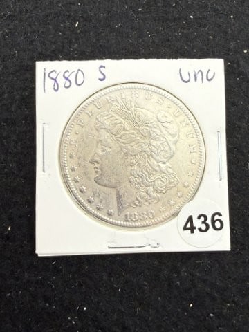 1880 S UNC Morgan Silver Dollar Coin: KEY WORDS: INDIAN ARTIFACT ARTIFACTS ARROWHEAD ARROWHEADS NATIVE AMERICAN MISSISSIPPIAN QUAPAW CADDO POTTERY COINS MORGAN DOLLAR PEACE DOLLAR SILVER COINS. All coins have been Sigma tested for authent