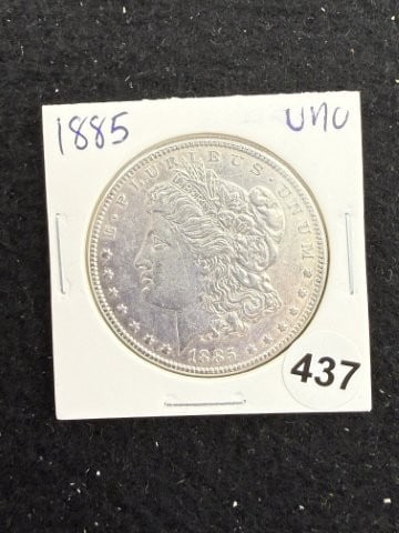 1885 UNC Morgan Silver Dollar Coin: KEY WORDS: INDIAN ARTIFACT ARTIFACTS ARROWHEAD ARROWHEADS NATIVE AMERICAN MISSISSIPPIAN QUAPAW CADDO POTTERY COINS MORGAN DOLLAR PEACE DOLLAR SILVER COINS. All coins have been Sigma tested for authent