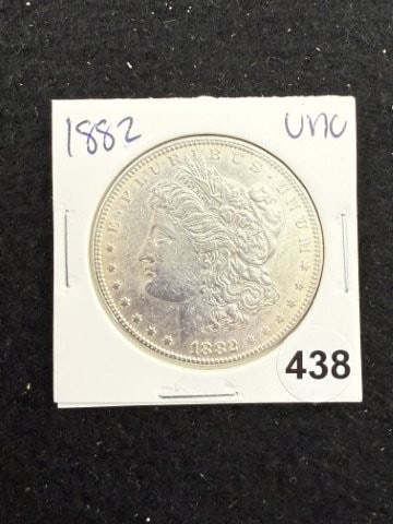1882 UNC Morgan Silver Dollar Coin: KEY WORDS: INDIAN ARTIFACT ARTIFACTS ARROWHEAD ARROWHEADS NATIVE AMERICAN MISSISSIPPIAN QUAPAW CADDO POTTERY COINS MORGAN DOLLAR PEACE DOLLAR SILVER COINS. All coins have been Sigma tested for authent