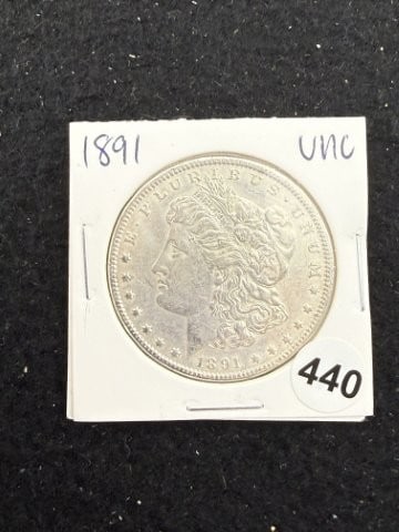 1891 UNC Morgan Silver Dollar Coin: KEY WORDS: INDIAN ARTIFACT ARTIFACTS ARROWHEAD ARROWHEADS NATIVE AMERICAN MISSISSIPPIAN QUAPAW CADDO POTTERY COINS MORGAN DOLLAR PEACE DOLLAR SILVER COINS. All coins have been Sigma tested for