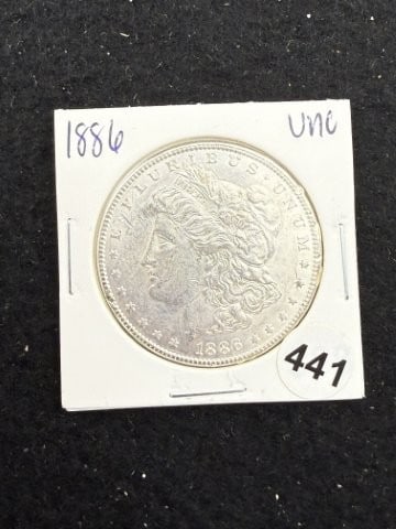 1886 UNC Morgan Silver Dollar Coin: KEY WORDS: INDIAN ARTIFACT ARTIFACTS ARROWHEAD ARROWHEADS NATIVE AMERICAN MISSISSIPPIAN QUAPAW CADDO POTTERY COINS MORGAN DOLLAR PEACE DOLLAR SILVER COINS. All coins have been Sigma tested for