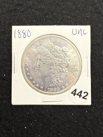 1880 UNC Morgan Silver Dollar Coin: KEY WORDS: INDIAN ARTIFACT ARTIFACTS ARROWHEAD ARROWHEADS NATIVE AMERICAN MISSISSIPPIAN QUAPAW CADDO POTTERY COINS MORGAN DOLLAR PEACE DOLLAR SILVER COINS. All coins have been Sigma tested for