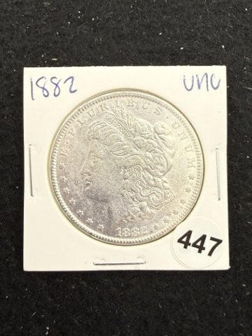1882 UNC Morgan Silver Dollar Coin: KEY WORDS: INDIAN ARTIFACT ARTIFACTS ARROWHEAD ARROWHEADS NATIVE AMERICAN MISSISSIPPIAN QUAPAW CADDO POTTERY COINS MORGAN DOLLAR PEACE DOLLAR SILVER COINS. All coins have been Sigma tested for authent
