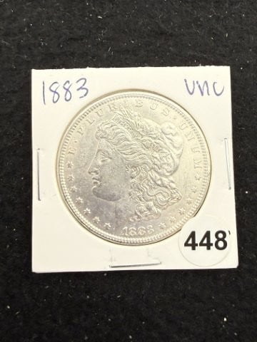 1883 UNC Morgan Silver Dollar Coin: KEY WORDS: INDIAN ARTIFACT ARTIFACTS ARROWHEAD ARROWHEADS NATIVE AMERICAN MISSISSIPPIAN QUAPAW CADDO POTTERY COINS MORGAN DOLLAR PEACE DOLLAR SILVER COINS. All coins have been Sigma tested for