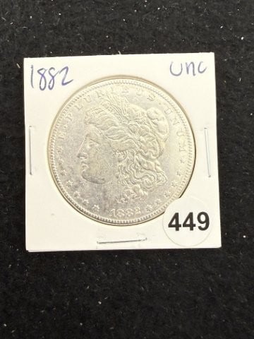 1882 UNC Morgan Silver Dollar Coin: KEY WORDS: INDIAN ARTIFACT ARTIFACTS ARROWHEAD ARROWHEADS NATIVE AMERICAN MISSISSIPPIAN QUAPAW CADDO POTTERY COINS MORGAN DOLLAR PEACE DOLLAR SILVER COINS. All coins have been Sigma tested for