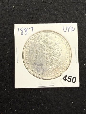 1887 UNC Morgan Silver Dollar Coin: KEY WORDS: INDIAN ARTIFACT ARTIFACTS ARROWHEAD ARROWHEADS NATIVE AMERICAN MISSISSIPPIAN QUAPAW CADDO POTTERY COINS MORGAN DOLLAR PEACE DOLLAR SILVER COINS. All coins have been Sigma tested for