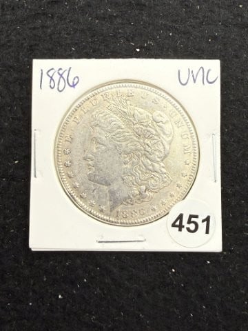 1886 UNC Morgan Silver Dollar Coin: KEY WORDS: INDIAN ARTIFACT ARTIFACTS ARROWHEAD ARROWHEADS NATIVE AMERICAN MISSISSIPPIAN QUAPAW CADDO POTTERY COINS MORGAN DOLLAR PEACE DOLLAR SILVER COINS. All coins have been Sigma tested for