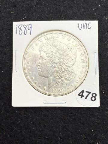 1889 UNC Morgan Silver Dollar Coin: KEY WORDS: INDIAN ARTIFACT ARTIFACTS ARROWHEAD ARROWHEADS NATIVE AMERICAN MISSISSIPPIAN QUAPAW CADDO POTTERY COINS MORGAN DOLLAR PEACE DOLLAR SILVER COINS. All coins have been Sigma tested for