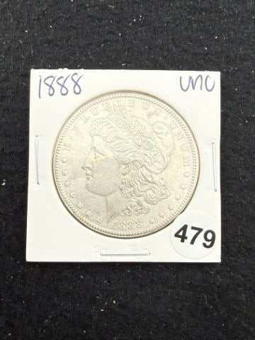 1888 UNC Morgan Silver Dollar Coin: KEY WORDS: INDIAN ARTIFACT ARTIFACTS ARROWHEAD ARROWHEADS NATIVE AMERICAN MISSISSIPPIAN QUAPAW CADDO POTTERY COINS MORGAN DOLLAR PEACE DOLLAR SILVER COINS. All coins have been Sigma tested for