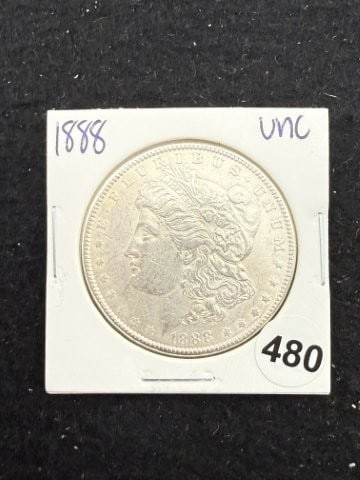 1888 UNC Morgan Silver Dollar Coin: KEY WORDS: INDIAN ARTIFACT ARTIFACTS ARROWHEAD ARROWHEADS NATIVE AMERICAN MISSISSIPPIAN QUAPAW CADDO POTTERY COINS MORGAN DOLLAR PEACE DOLLAR SILVER COINS. All coins have been Sigma tested for