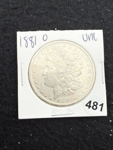 1881 O UNC Morgan Silver Dollar Coin: KEY WORDS: INDIAN ARTIFACT ARTIFACTS ARROWHEAD ARROWHEADS NATIVE AMERICAN MISSISSIPPIAN QUAPAW CADDO POTTERY COINS MORGAN DOLLAR PEACE DOLLAR SILVER COINS. All coins have been Sigma tested for