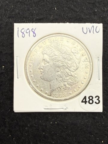 1898 UNC Morgan Silver Dollar Coin: KEY WORDS: INDIAN ARTIFACT ARTIFACTS ARROWHEAD ARROWHEADS NATIVE AMERICAN MISSISSIPPIAN QUAPAW CADDO POTTERY COINS MORGAN DOLLAR PEACE DOLLAR SILVER COINS. All coins have been Sigma tested for