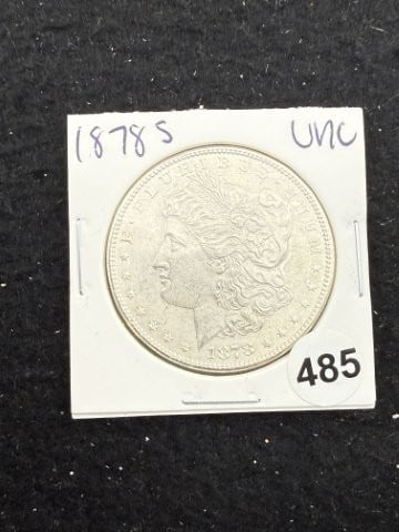 1878 S UNC Morgan Silver Dollar Coin: KEY WORDS: INDIAN ARTIFACT ARTIFACTS ARROWHEAD ARROWHEADS NATIVE AMERICAN MISSISSIPPIAN QUAPAW CADDO POTTERY COINS MORGAN DOLLAR PEACE DOLLAR SILVER COINS. All coins have been Sigma tested for