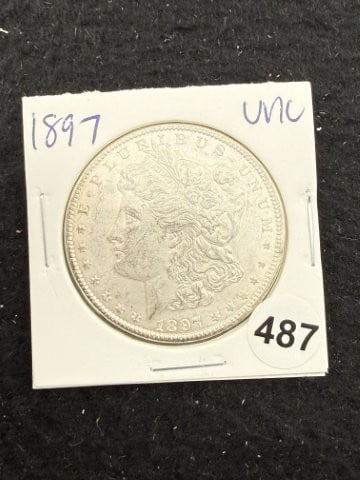 1897 UNC Morgan Silver Dollar Coin: KEY WORDS: INDIAN ARTIFACT ARTIFACTS ARROWHEAD ARROWHEADS NATIVE AMERICAN MISSISSIPPIAN QUAPAW CADDO POTTERY COINS MORGAN DOLLAR PEACE DOLLAR SILVER COINS. All coins have been Sigma tested for