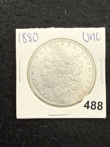 1880 UNC Morgan Silver Dollar Coin: KEY WORDS: INDIAN ARTIFACT ARTIFACTS ARROWHEAD ARROWHEADS NATIVE AMERICAN MISSISSIPPIAN QUAPAW CADDO POTTERY COINS MORGAN DOLLAR PEACE DOLLAR SILVER COINS. All coins have been Sigma tested for
