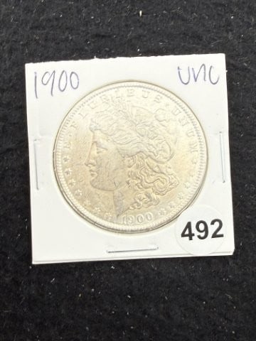 1900 UNC Morgan Silver Dollar Coin: KEY WORDS: INDIAN ARTIFACT ARTIFACTS ARROWHEAD ARROWHEADS NATIVE AMERICAN MISSISSIPPIAN QUAPAW CADDO POTTERY COINS MORGAN DOLLAR PEACE DOLLAR SILVER COINS. All coins have been Sigma tested for