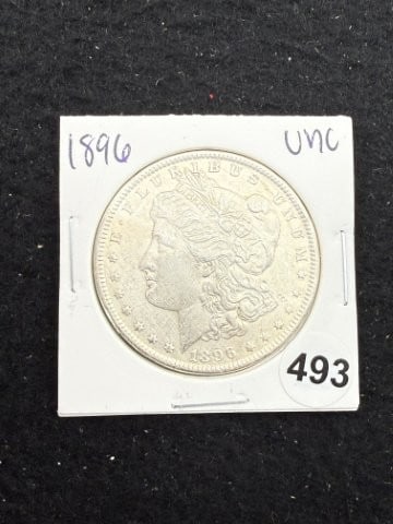 1896 UNC Morgan Silver Dollar Coin: KEY WORDS: INDIAN ARTIFACT ARTIFACTS ARROWHEAD ARROWHEADS NATIVE AMERICAN MISSISSIPPIAN QUAPAW CADDO POTTERY COINS MORGAN DOLLAR PEACE DOLLAR SILVER COINS. All coins have been Sigma tested for