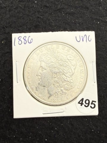 1886 UNC Morgan Silver Dollar Coin: KEY WORDS: INDIAN ARTIFACT ARTIFACTS ARROWHEAD ARROWHEADS NATIVE AMERICAN MISSISSIPPIAN QUAPAW CADDO POTTERY COINS MORGAN DOLLAR PEACE DOLLAR SILVER COINS. All coins have been Sigma tested for
