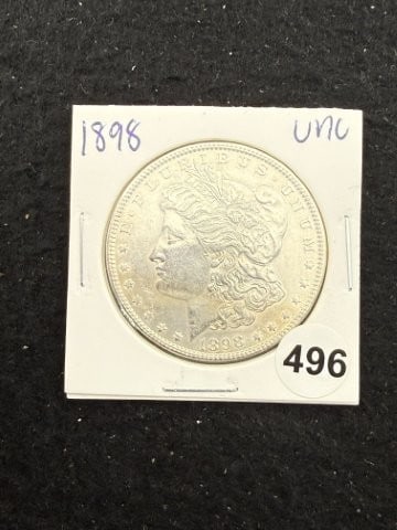 1898 UNC Morgan Silver Dollar Coin: KEY WORDS: INDIAN ARTIFACT ARTIFACTS ARROWHEAD ARROWHEADS NATIVE AMERICAN MISSISSIPPIAN QUAPAW CADDO POTTERY COINS MORGAN DOLLAR PEACE DOLLAR SILVER COINS. All coins have been Sigma tested for