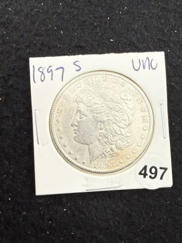 1897 S UNC Morgan Silver Dollar Coin: KEY WORDS: INDIAN ARTIFACT ARTIFACTS ARROWHEAD ARROWHEADS NATIVE AMERICAN MISSISSIPPIAN QUAPAW CADDO POTTERY COINS MORGAN DOLLAR PEACE DOLLAR SILVER COINS. All coins have been Sigma tested for