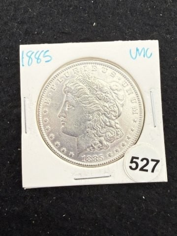 1885 UNC Morgan Silver Dollar Coin: KEY WORDS: INDIAN ARTIFACT ARTIFACTS ARROWHEAD ARROWHEADS NATIVE AMERICAN MISSISSIPPIAN QUAPAW CADDO POTTERY COINS MORGAN DOLLAR PEACE DOLLAR SILVER COINS. All coins have been Sigma tested for
