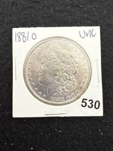 1881 O UNC Morgan Silver Dollar Coin: KEY WORDS: INDIAN ARTIFACT ARTIFACTS ARROWHEAD ARROWHEADS NATIVE AMERICAN MISSISSIPPIAN QUAPAW CADDO POTTERY COINS MORGAN DOLLAR PEACE DOLLAR SILVER COINS. All coins have been Sigma tested for