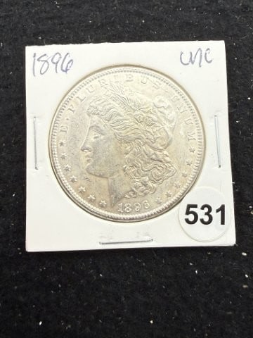 1896 UNC Morgan Silver Dollar Coin: KEY WORDS: INDIAN ARTIFACT ARTIFACTS ARROWHEAD ARROWHEADS NATIVE AMERICAN MISSISSIPPIAN QUAPAW CADDO POTTERY COINS MORGAN DOLLAR PEACE DOLLAR SILVER COINS. All coins have been Sigma tested for