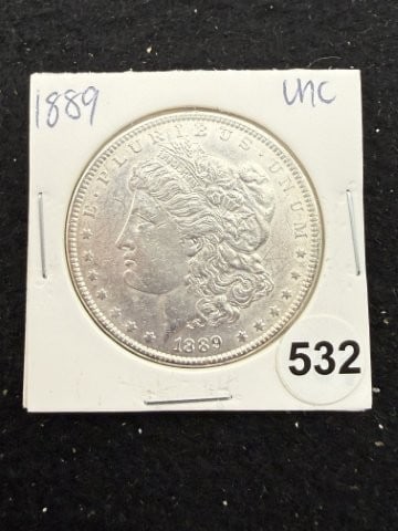 1889 UNC Morgan Silver Dollar Coin: KEY WORDS: INDIAN ARTIFACT ARTIFACTS ARROWHEAD ARROWHEADS NATIVE AMERICAN MISSISSIPPIAN QUAPAW CADDO POTTERY COINS MORGAN DOLLAR PEACE DOLLAR SILVER COINS. All coins have been Sigma tested for