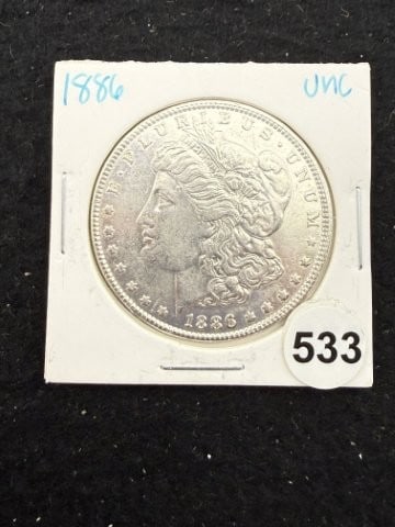 1886 UNC Morgan Silver Dollar Coin: KEY WORDS: INDIAN ARTIFACT ARTIFACTS ARROWHEAD ARROWHEADS NATIVE AMERICAN MISSISSIPPIAN QUAPAW CADDO POTTERY COINS MORGAN DOLLAR PEACE DOLLAR SILVER COINS. All coins have been Sigma tested for authent