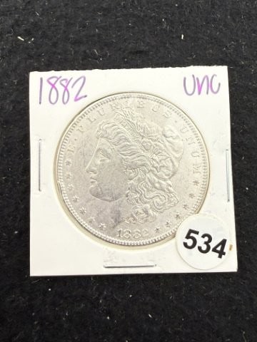 1882 UNC Morgan Silver Dollar Coin: KEY WORDS: INDIAN ARTIFACT ARTIFACTS ARROWHEAD ARROWHEADS NATIVE AMERICAN MISSISSIPPIAN QUAPAW CADDO POTTERY COINS MORGAN DOLLAR PEACE DOLLAR SILVER COINS. All coins have been Sigma tested for