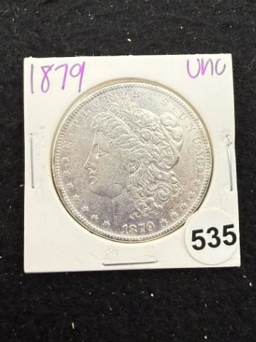 1879 UNC Morgan Silver Dollar Coin: KEY WORDS: INDIAN ARTIFACT ARTIFACTS ARROWHEAD ARROWHEADS NATIVE AMERICAN MISSISSIPPIAN QUAPAW CADDO POTTERY COINS MORGAN DOLLAR PEACE DOLLAR SILVER COINS. All coins have been Sigma tested for