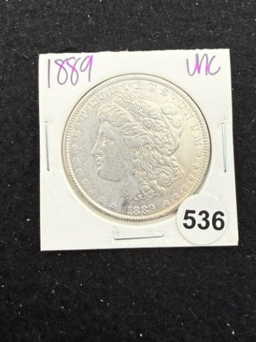 1889 UNC Morgan Silver Dollar Coin: KEY WORDS: INDIAN ARTIFACT ARTIFACTS ARROWHEAD ARROWHEADS NATIVE AMERICAN MISSISSIPPIAN QUAPAW CADDO POTTERY COINS MORGAN DOLLAR PEACE DOLLAR SILVER COINS. All coins have been Sigma tested for
