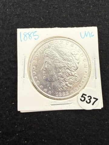 1885 UNC Morgan Silver Dollar Coin: KEY WORDS: INDIAN ARTIFACT ARTIFACTS ARROWHEAD ARROWHEADS NATIVE AMERICAN MISSISSIPPIAN QUAPAW CADDO POTTERY COINS MORGAN DOLLAR PEACE DOLLAR SILVER COINS. All coins have been Sigma tested for