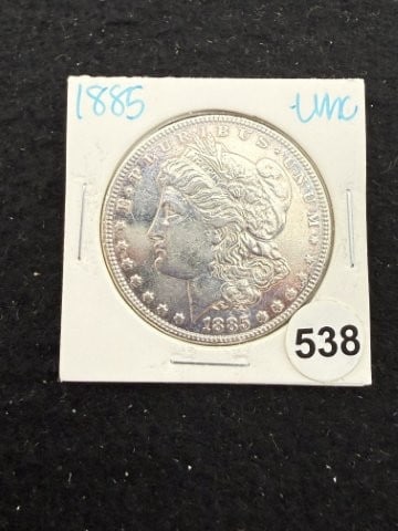 1885 UNC Morgan Silver Dollar Coin: KEY WORDS: INDIAN ARTIFACT ARTIFACTS ARROWHEAD ARROWHEADS NATIVE AMERICAN MISSISSIPPIAN QUAPAW CADDO POTTERY COINS MORGAN DOLLAR PEACE DOLLAR SILVER COINS. All coins have been Sigma tested for