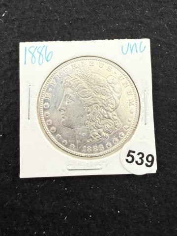 1886 UNC Morgan Silver Dollar Coin: KEY WORDS: INDIAN ARTIFACT ARTIFACTS ARROWHEAD ARROWHEADS NATIVE AMERICAN MISSISSIPPIAN QUAPAW CADDO POTTERY COINS MORGAN DOLLAR PEACE DOLLAR SILVER COINS. All coins have been Sigma tested for
