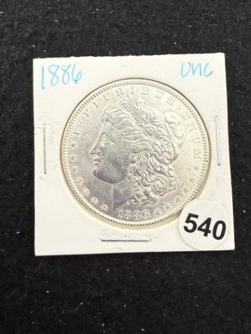 1886 UNC Morgan Silver Dollar Coin: KEY WORDS: INDIAN ARTIFACT ARTIFACTS ARROWHEAD ARROWHEADS NATIVE AMERICAN MISSISSIPPIAN QUAPAW CADDO POTTERY COINS MORGAN DOLLAR PEACE DOLLAR SILVER COINS. All coins have been Sigma tested for authent