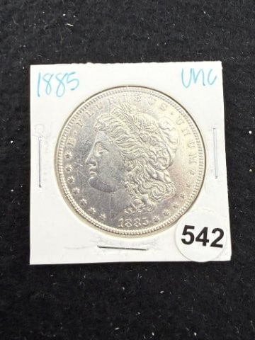 1885 UNC Morgan Silver Dollar Coin: KEY WORDS: INDIAN ARTIFACT ARTIFACTS ARROWHEAD ARROWHEADS NATIVE AMERICAN MISSISSIPPIAN QUAPAW CADDO POTTERY COINS MORGAN DOLLAR PEACE DOLLAR SILVER COINS. All coins have been Sigma tested for