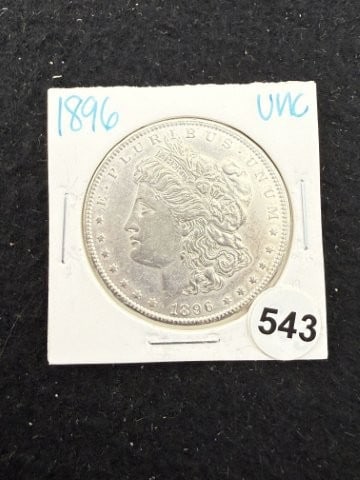 1896 UNC Morgan Silver Dollar Coin: KEY WORDS: INDIAN ARTIFACT ARTIFACTS ARROWHEAD ARROWHEADS NATIVE AMERICAN MISSISSIPPIAN QUAPAW CADDO POTTERY COINS MORGAN DOLLAR PEACE DOLLAR SILVER COINS. All coins have been Sigma tested for