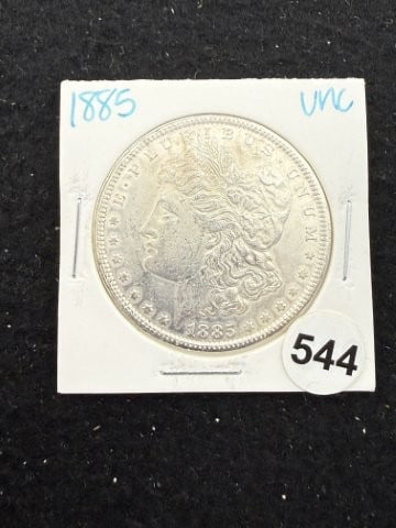 1885 UNC Morgan Silver Dollar Coin: KEY WORDS: INDIAN ARTIFACT ARTIFACTS ARROWHEAD ARROWHEADS NATIVE AMERICAN MISSISSIPPIAN QUAPAW CADDO POTTERY COINS MORGAN DOLLAR PEACE DOLLAR SILVER COINS. All coins have been Sigma tested for