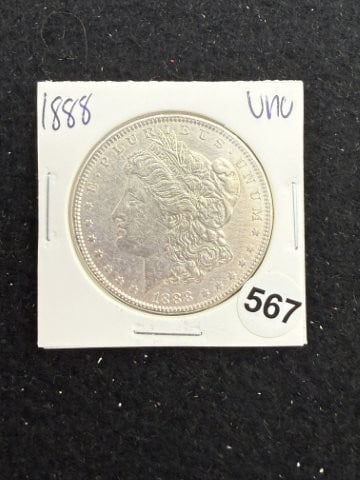 1888 UNC Morgan Silver Dollar Coin: KEY WORDS: INDIAN ARTIFACT ARTIFACTS ARROWHEAD ARROWHEADS NATIVE AMERICAN MISSISSIPPIAN QUAPAW CADDO POTTERY COINS MORGAN DOLLAR PEACE DOLLAR SILVER COINS. All coins have been Sigma tested for