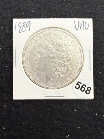 1889 UNC Morgan Silver Dollar Coin: KEY WORDS: INDIAN ARTIFACT ARTIFACTS ARROWHEAD ARROWHEADS NATIVE AMERICAN MISSISSIPPIAN QUAPAW CADDO POTTERY COINS MORGAN DOLLAR PEACE DOLLAR SILVER COINS. All coins have been Sigma tested for