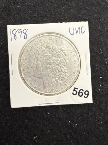 1898 UNC Morgan Silver Dollar Coin: KEY WORDS: INDIAN ARTIFACT ARTIFACTS ARROWHEAD ARROWHEADS NATIVE AMERICAN MISSISSIPPIAN QUAPAW CADDO POTTERY COINS MORGAN DOLLAR PEACE DOLLAR SILVER COINS. All coins have been Sigma tested for