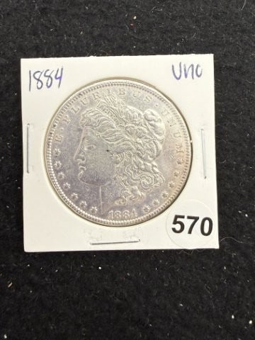 1884 UNC Morgan Silver Dollar Coin: KEY WORDS: INDIAN ARTIFACT ARTIFACTS ARROWHEAD ARROWHEADS NATIVE AMERICAN MISSISSIPPIAN QUAPAW CADDO POTTERY COINS MORGAN DOLLAR PEACE DOLLAR SILVER COINS. All coins have been Sigma tested for
