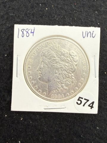 1884 UNC Morgan Silver Dollar Coin: KEY WORDS: INDIAN ARTIFACT ARTIFACTS ARROWHEAD ARROWHEADS NATIVE AMERICAN MISSISSIPPIAN QUAPAW CADDO POTTERY COINS MORGAN DOLLAR PEACE DOLLAR SILVER COINS. All coins have been Sigma tested for
