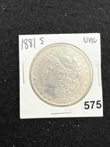 1881 S UNC Morgan Silver Dollar Coin: KEY WORDS: INDIAN ARTIFACT ARTIFACTS ARROWHEAD ARROWHEADS NATIVE AMERICAN MISSISSIPPIAN QUAPAW CADDO POTTERY COINS MORGAN DOLLAR PEACE DOLLAR SILVER COINS. All coins have been Sigma tested for
