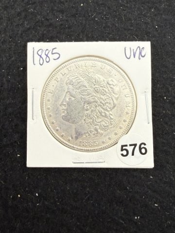 1885 UNC Morgan Silver Dollar Coin: KEY WORDS: INDIAN ARTIFACT ARTIFACTS ARROWHEAD ARROWHEADS NATIVE AMERICAN MISSISSIPPIAN QUAPAW CADDO POTTERY COINS MORGAN DOLLAR PEACE DOLLAR SILVER COINS. All coins have been Sigma tested for