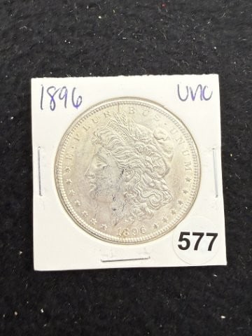 1896 UNC Morgan Silver Dollar Coin: KEY WORDS: INDIAN ARTIFACT ARTIFACTS ARROWHEAD ARROWHEADS NATIVE AMERICAN MISSISSIPPIAN QUAPAW CADDO POTTERY COINS MORGAN DOLLAR PEACE DOLLAR SILVER COINS. All coins have been Sigma tested for