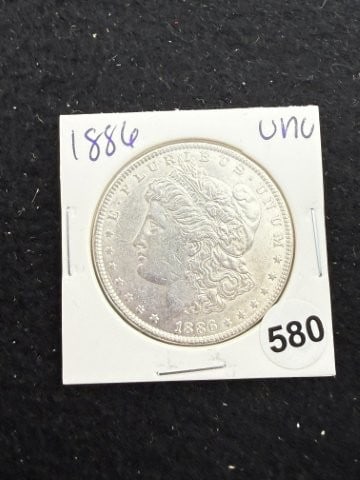 1886 UNC Morgan Silver Dollar Coin: KEY WORDS: INDIAN ARTIFACT ARTIFACTS ARROWHEAD ARROWHEADS NATIVE AMERICAN MISSISSIPPIAN QUAPAW CADDO POTTERY COINS MORGAN DOLLAR PEACE DOLLAR SILVER COINS. All coins have been Sigma tested for