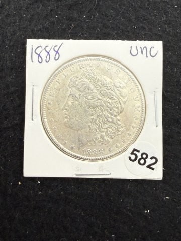 1888 UNC Morgan Silver Dollar Coin: KEY WORDS: INDIAN ARTIFACT ARTIFACTS ARROWHEAD ARROWHEADS NATIVE AMERICAN MISSISSIPPIAN QUAPAW CADDO POTTERY COINS MORGAN DOLLAR PEACE DOLLAR SILVER COINS. All coins have been Sigma tested for
